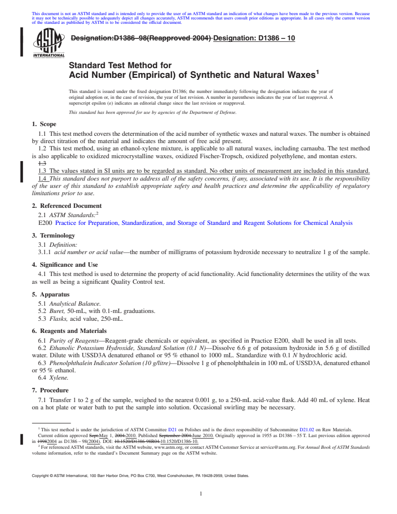 REDLINE ASTM D1386-10 - Standard Test Method for Acid Number (Empirical) of Synthetic and Natural Waxes