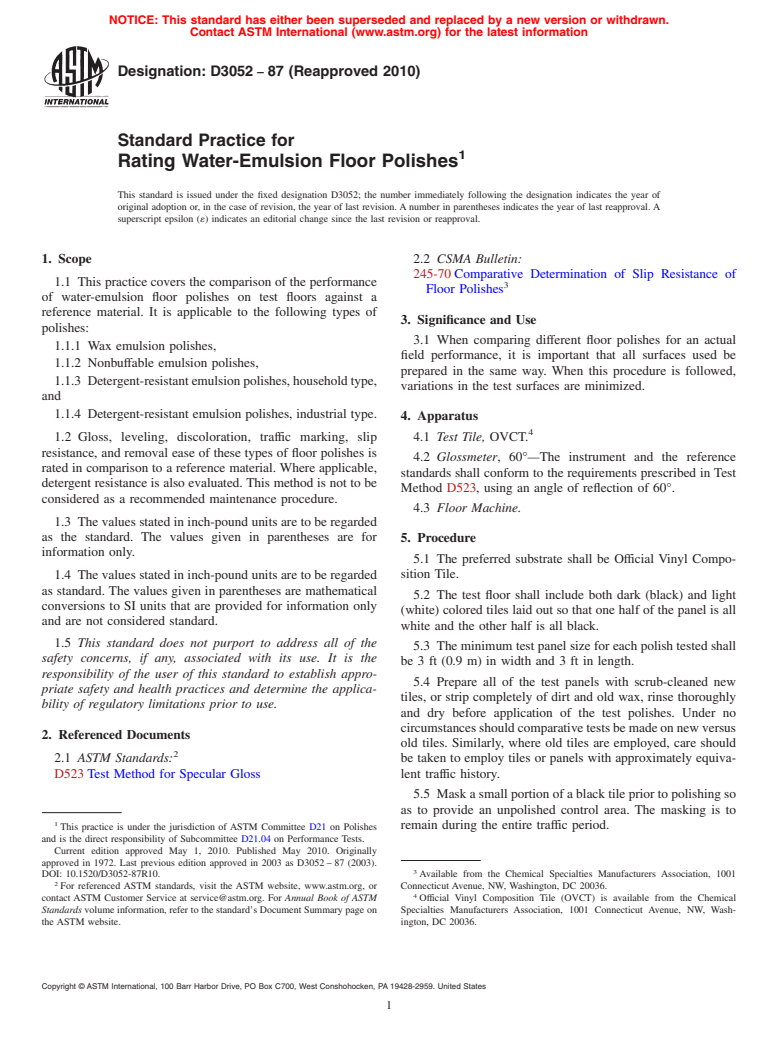 ASTM D3052-87(2010) - Standard Practice for Rating Water-Emulsion Floor Polishes