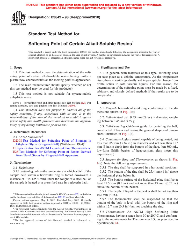 ASTM D3642-98(2010) - Standard Test Method for Softening Point of Certain Alkali-Soluble Resins