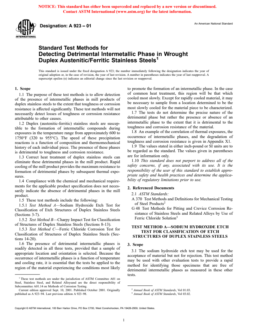 ASTM A923-01 - Standard Test Methods for Detecting Detrimental Intermetallic Phase in Wrought Duplex Austenitic/Ferritic Stainless Steels