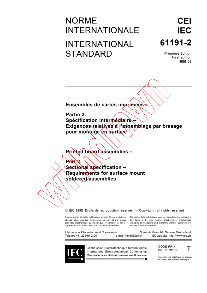 IEC 61191-2:1998 - Printed board assemblies - Part 2: Sectional specification - Requirements for surface mount soldered assemblies
Released:8/28/1998
Isbn:2831844932