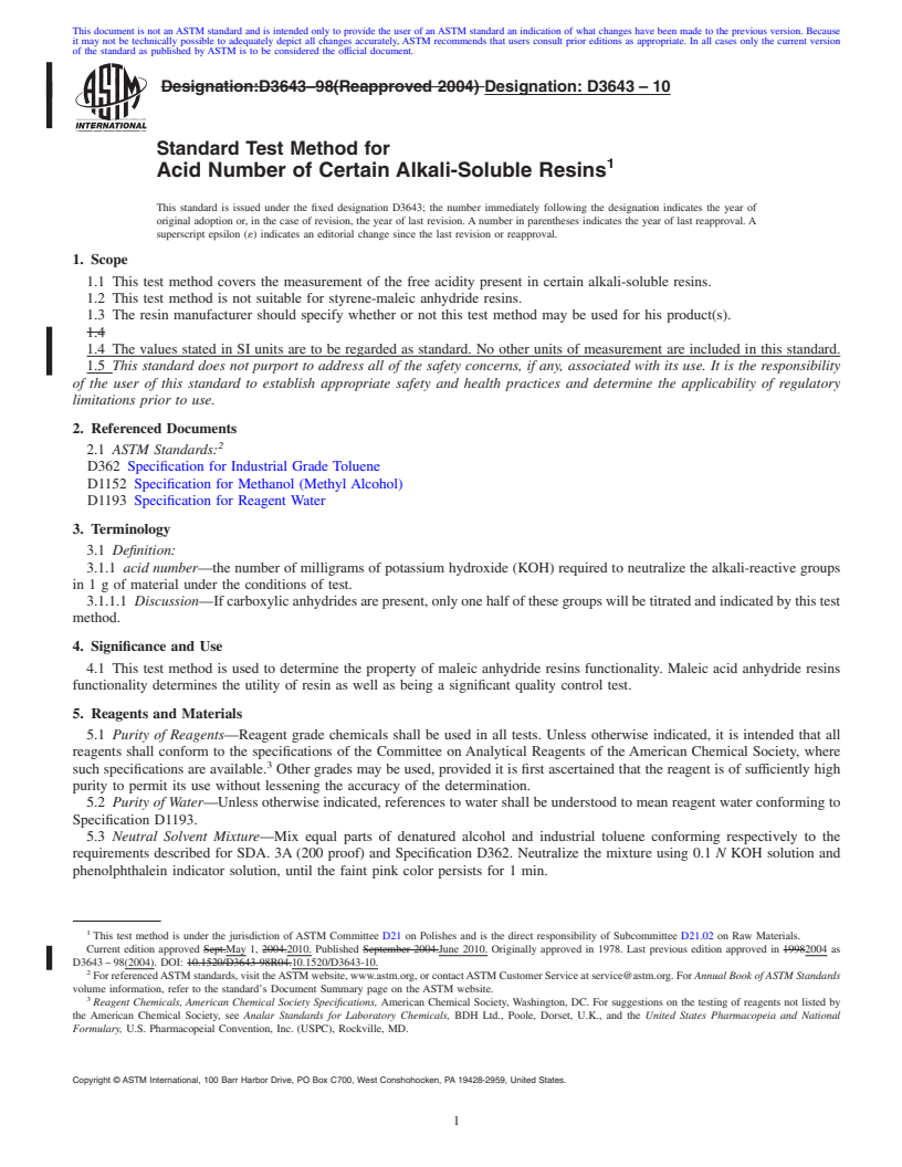 REDLINE ASTM D3643-10 - Standard Test Method for Acid Number of Certain Alkali-Soluble Resins