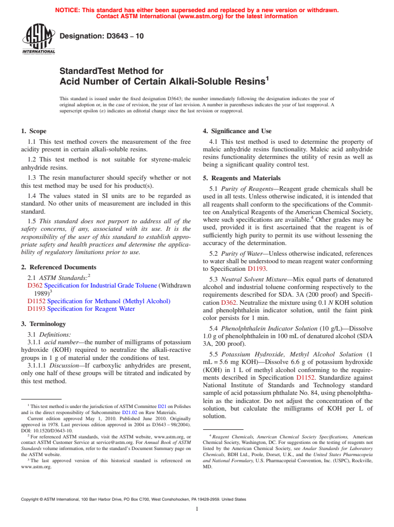 ASTM D3643-10 - Standard Test Method for Acid Number of Certain Alkali-Soluble Resins