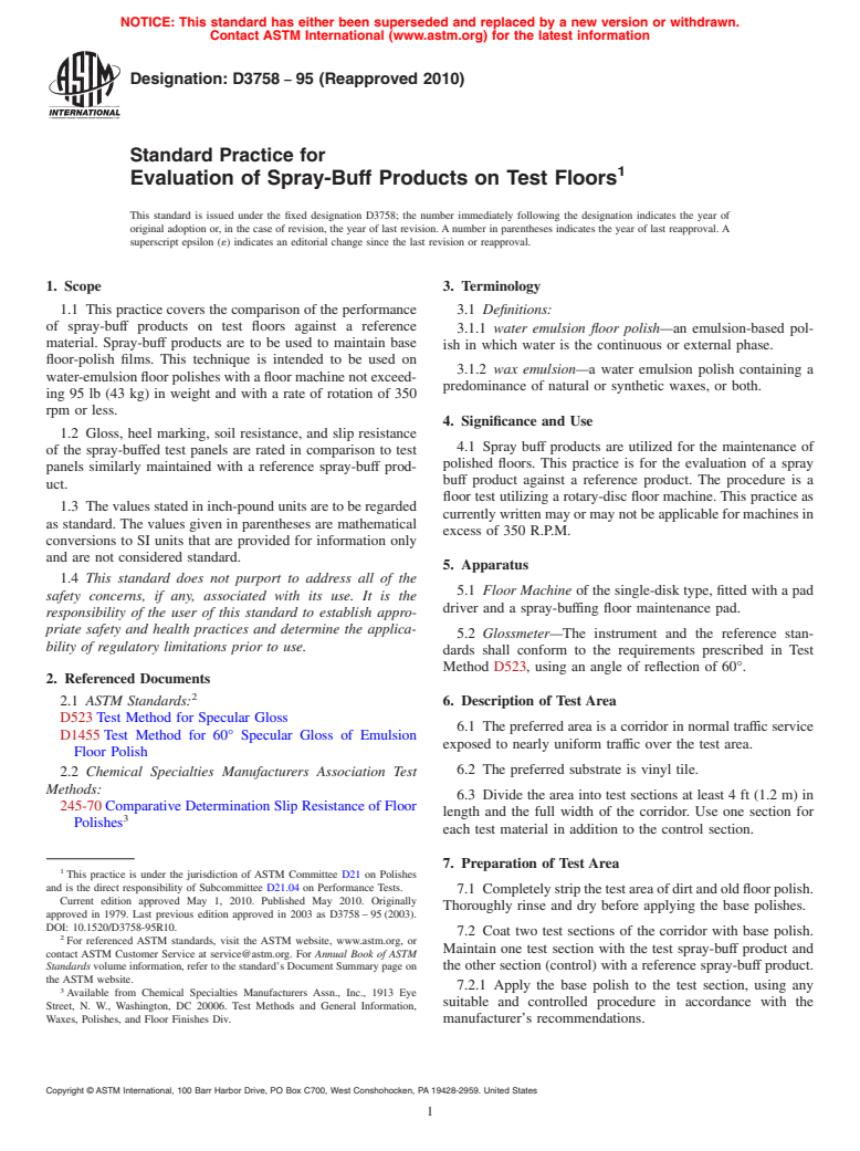 ASTM D3758-95(2010) - Standard Practice for Evaluation of Spray-Buff Products on Test Floors