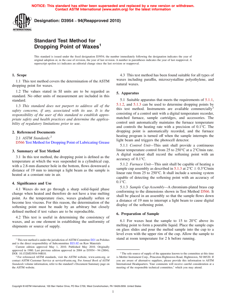 ASTM D3954-94(2010) - Standard Test Method for Dropping Point of Waxes