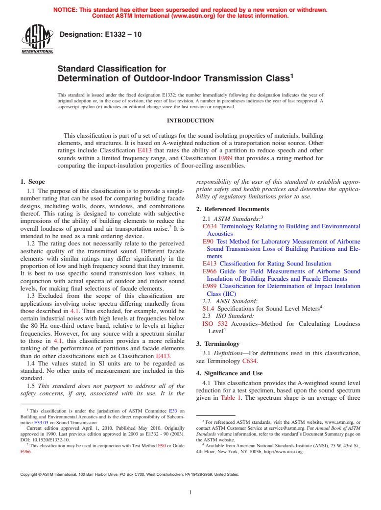 ASTM E1332-10 - Standard Classification for Determination of Outdoor-Indoor Transmission Class