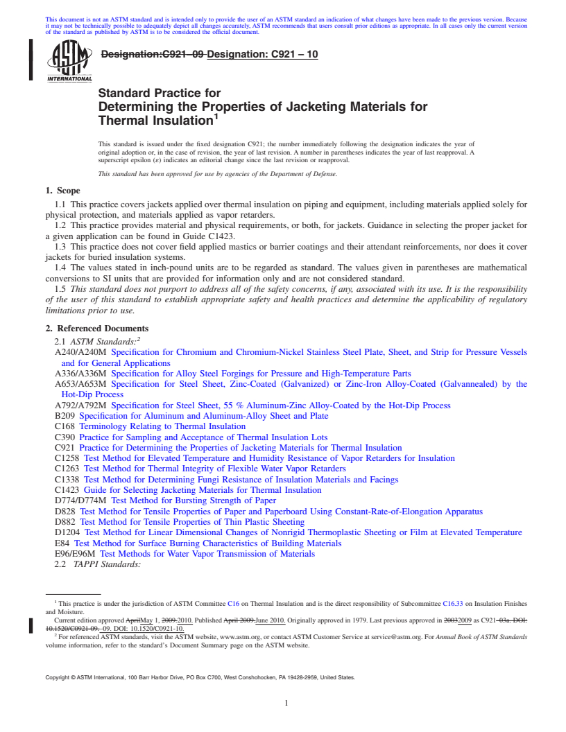 REDLINE ASTM C921-10 - Standard Practice for Determining the Properties of Jacketing Materials for Thermal Insulation