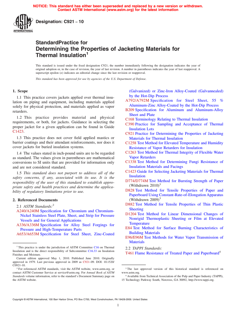 ASTM C921-10 - Standard Practice for Determining the Properties of Jacketing Materials for Thermal Insulation