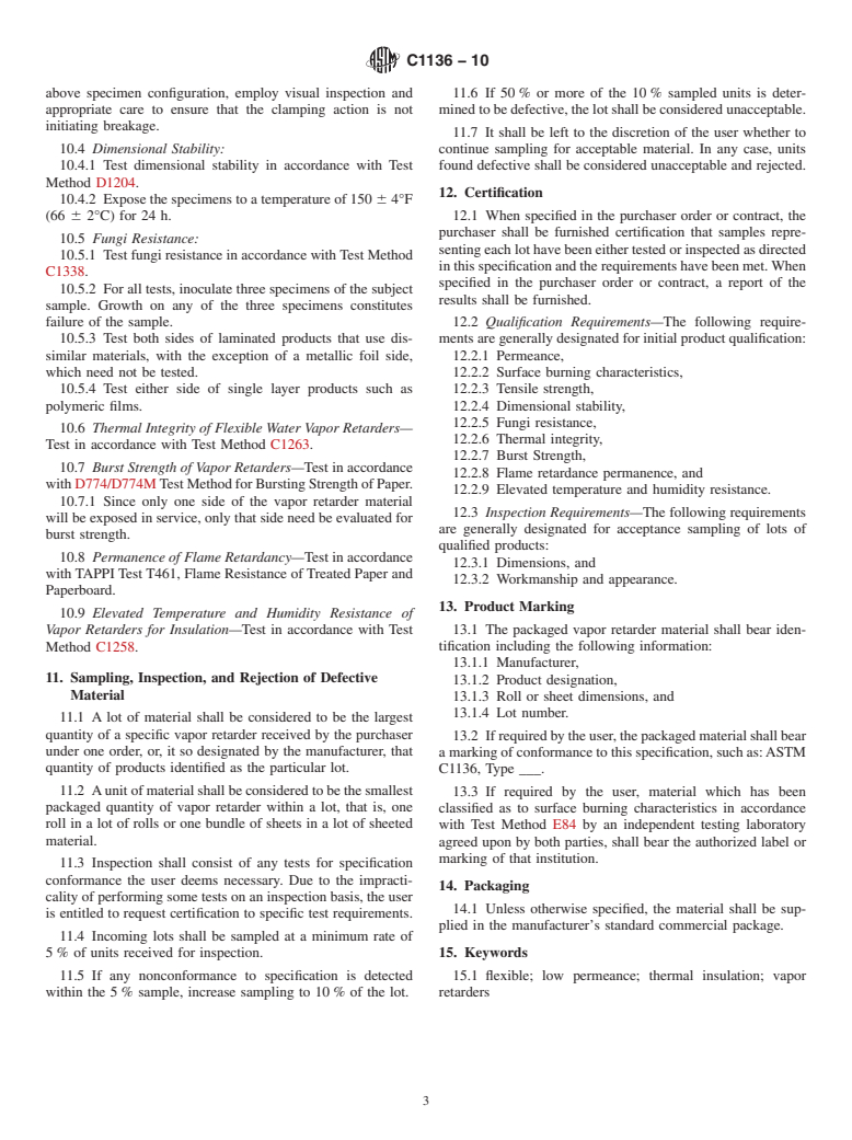 ASTM C1136-10 - Standard Specification for Flexible, Low Permeance Vapor Retarders for Thermal Insulation