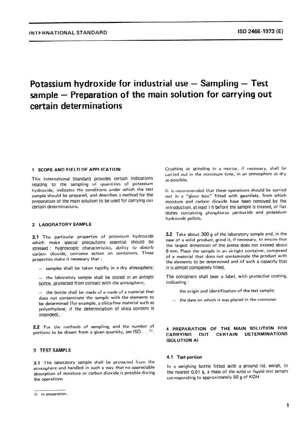 ISO 2466:1973 - Potassium hydroxide for industrial use -- Sampling -- Test sample -- Preparation of the main solution for carrying out certain determinations