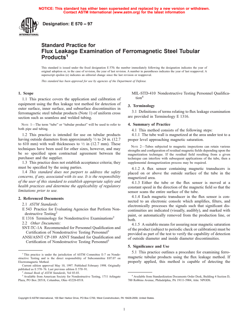 ASTM E570-97 - Standard Practice for Flux Leakage Examination of Ferromagnetic Steel Tubular Products