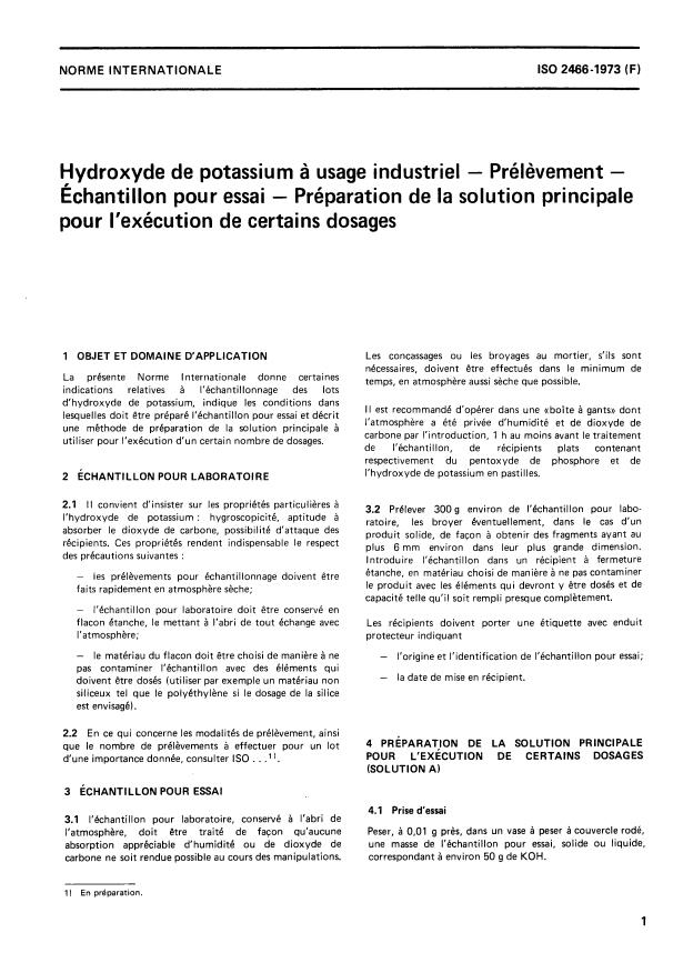 ISO 2466:1973 - Hydroxyde de potassium a usage industriel -- Prélevement -- Échantillon pour essai -- Préparation de la solution principale pour l'exécution de certains dosages