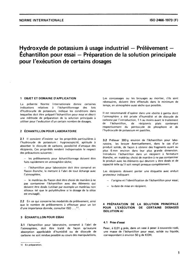 ISO 2466:1973 - Hydroxyde de potassium a usage industriel -- Prélevement -- Échantillon pour essai -- Préparation de la solution principale pour l'exécution de certains dosages