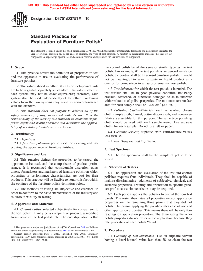 ASTM D3751/D3751M-10 - Standard Practice for Evaluation of Furniture Polish