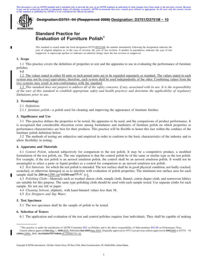 REDLINE ASTM D3751/D3751M-10 - Standard Practice for Evaluation of Furniture Polish