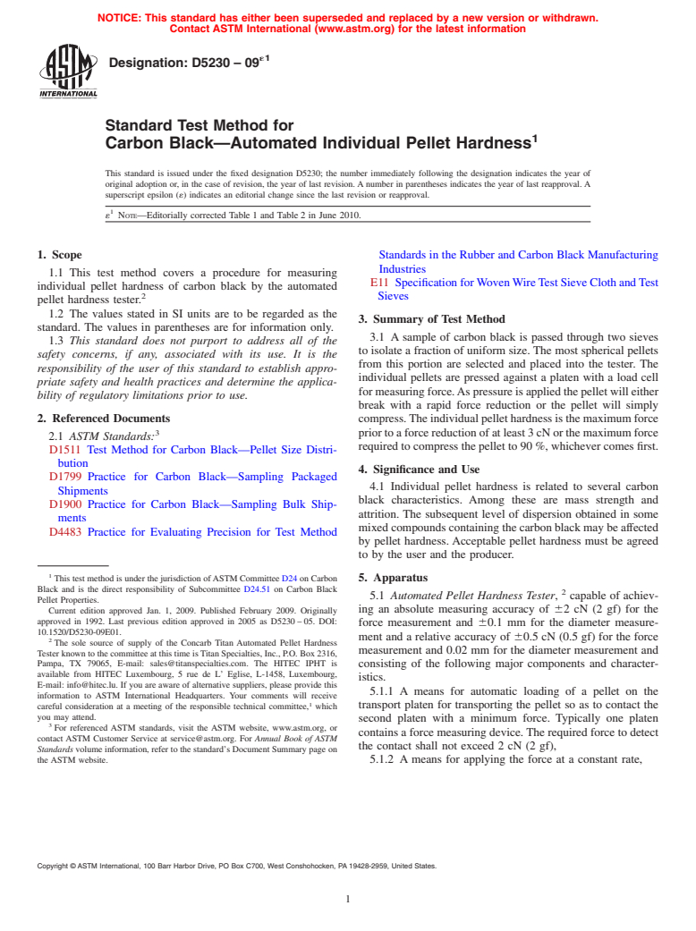 ASTM D5230-09e1 - Standard Test Method for Carbon Black&#8212;Automated Individual Pellet Hardness