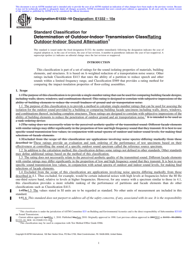 REDLINE ASTM E1332-10a - Standard Classification for Rating Outdoor-Indoor Sound Attenuation