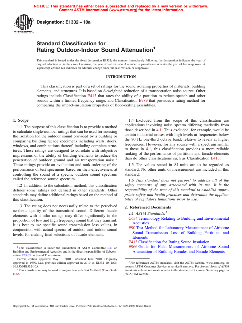 ASTM E1332-10a - Standard Classification for Rating Outdoor-Indoor Sound Attenuation