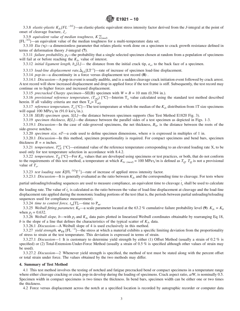 REDLINE ASTM E1921-10 - Standard Test Method for Determination of Reference Temperature, <span class="bdit">T<sub>o</sub></span>, for Ferritic Steels in the Transition Range