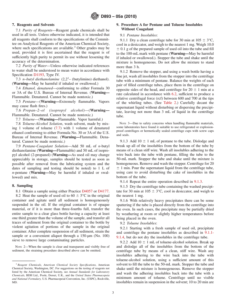 ASTM D893-05a(2010) - Standard Test Method for Insolubles In Used Lubricating Oils