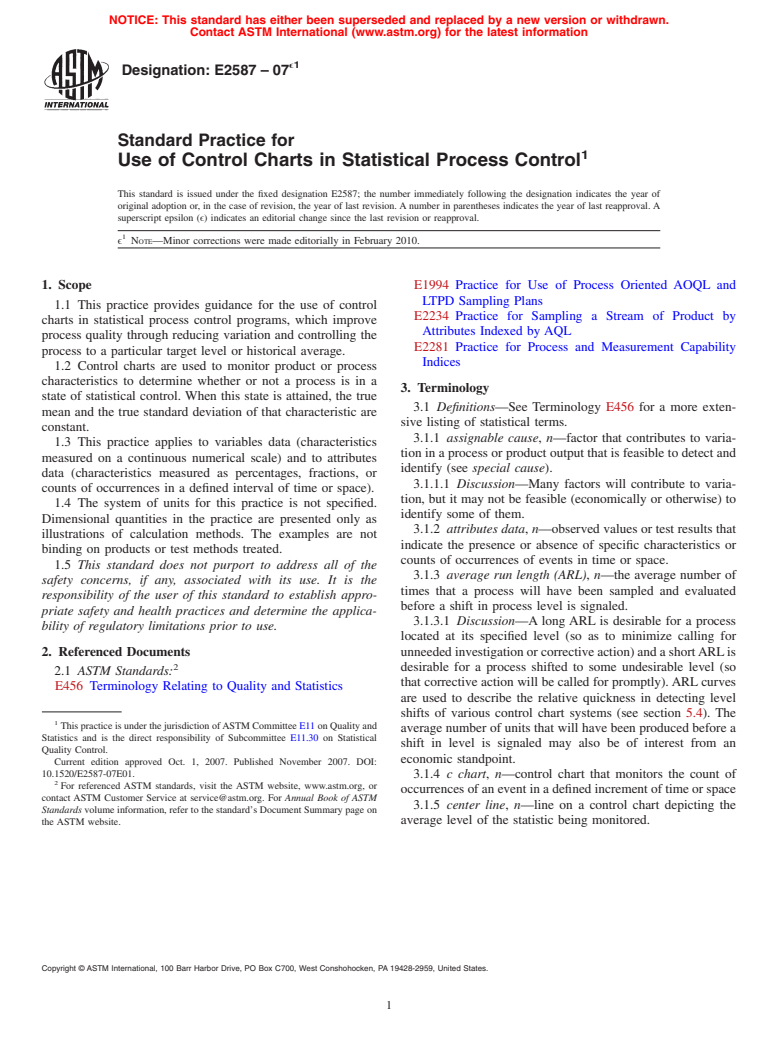 ASTM E2587-07e1 - Standard Practice for Use of Control Charts in Statistical Process Control