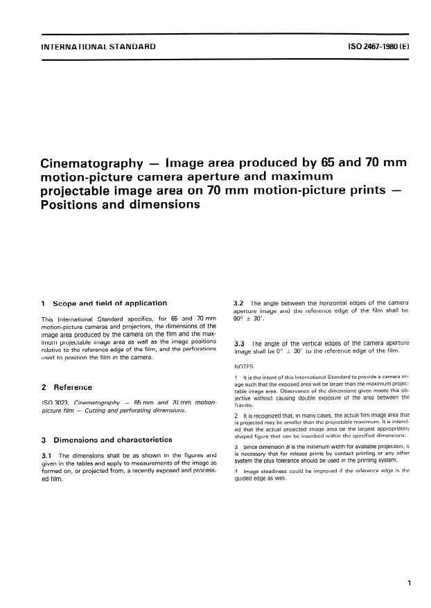 ISO 2467:1980 - Cinematography -- Image area produced by 65 and 70 mm motion-picture camera aperture and maximum projectable image area on 70 mm motion-picture prints -- Positions and dimensions