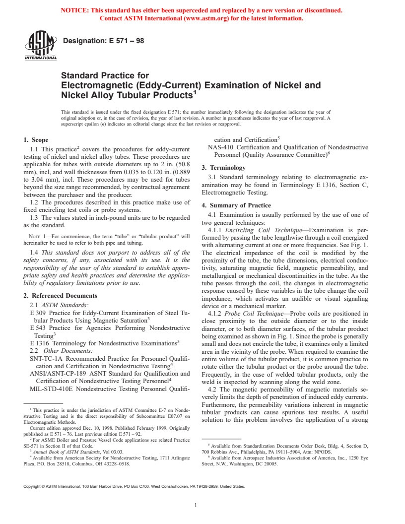 ASTM E571-98 - Standard Practice for Electromagnetic (Eddy-Current) Examination of Nickel and Nickel Alloy Tubular Products