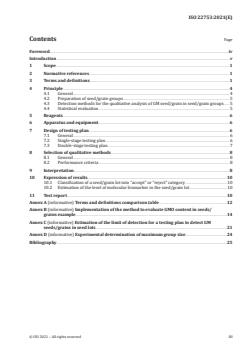 ISO 22753:2021 - Molecular biomarker analysis -- Method for the statistical evaluation of analytical results obtained in testing sub-sampled groups of genetically modified seeds and grains -- General requirements - Page 3 preview
