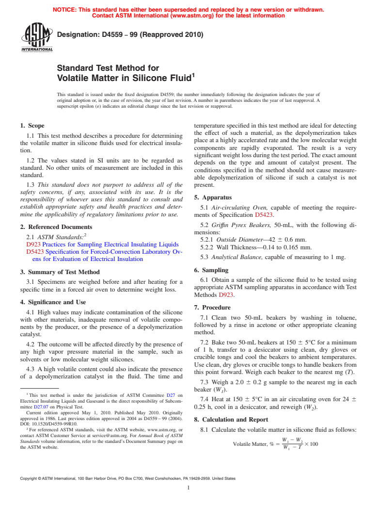 ASTM D4559-99(2010) - Standard Test Method for Volatile Matter in Silicone Fluid