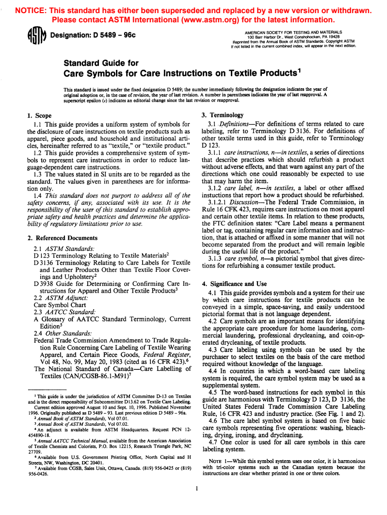 ASTM D5489-96c - Standard Guide for Care Symbols for Care Instructions on Textile Products