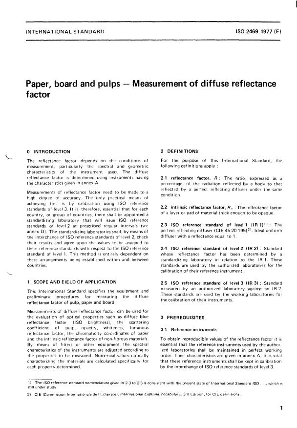 ISO 2469:1977 - Paper, board and pulps -- Measurement of diffuse reflectance factor