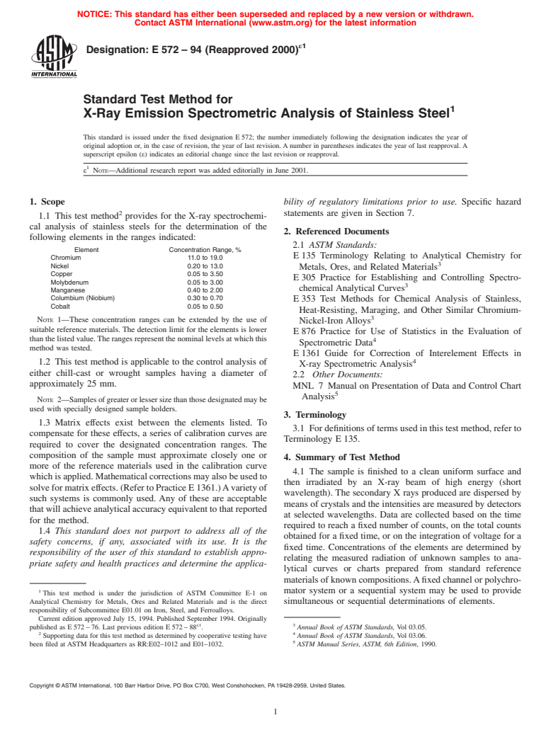 ASTM E572-94(2000)e1 - Standard Test Method for X-Ray Emission Spectrometric Analysis of Stainless Steel