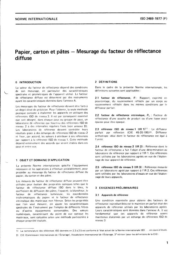 ISO 2469:1977 - Papier, carton et pâtes -- Mesurage du facteur de réflectance diffuse