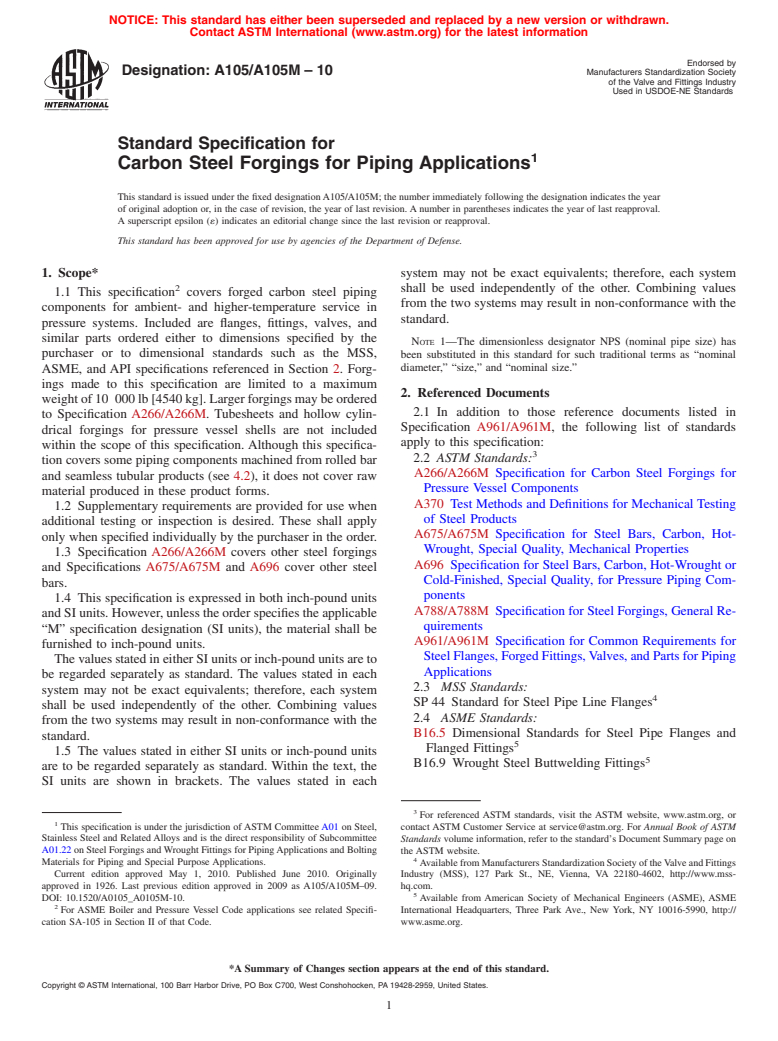 ASTM A105/A105M-10 - Standard Specification for Carbon Steel Forgings for Piping Applications