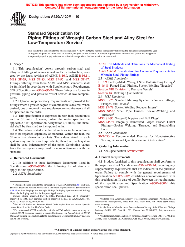 ASTM A420/A420M-10 - Standard Specification for Piping Fittings of Wrought Carbon Steel and Alloy Steel for Low-Temperature Service