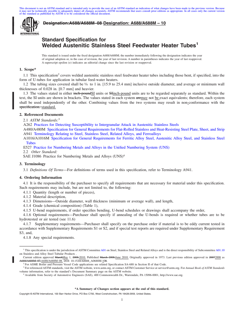 REDLINE ASTM A688/A688M-10 - Standard Specification for  Welded Austenitic Stainless Steel Feedwater Heater Tubes