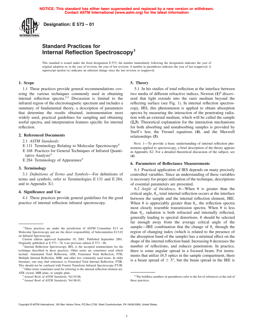 ASTM E573-01 - Standard Practices for Internal Reflection Spectroscopy