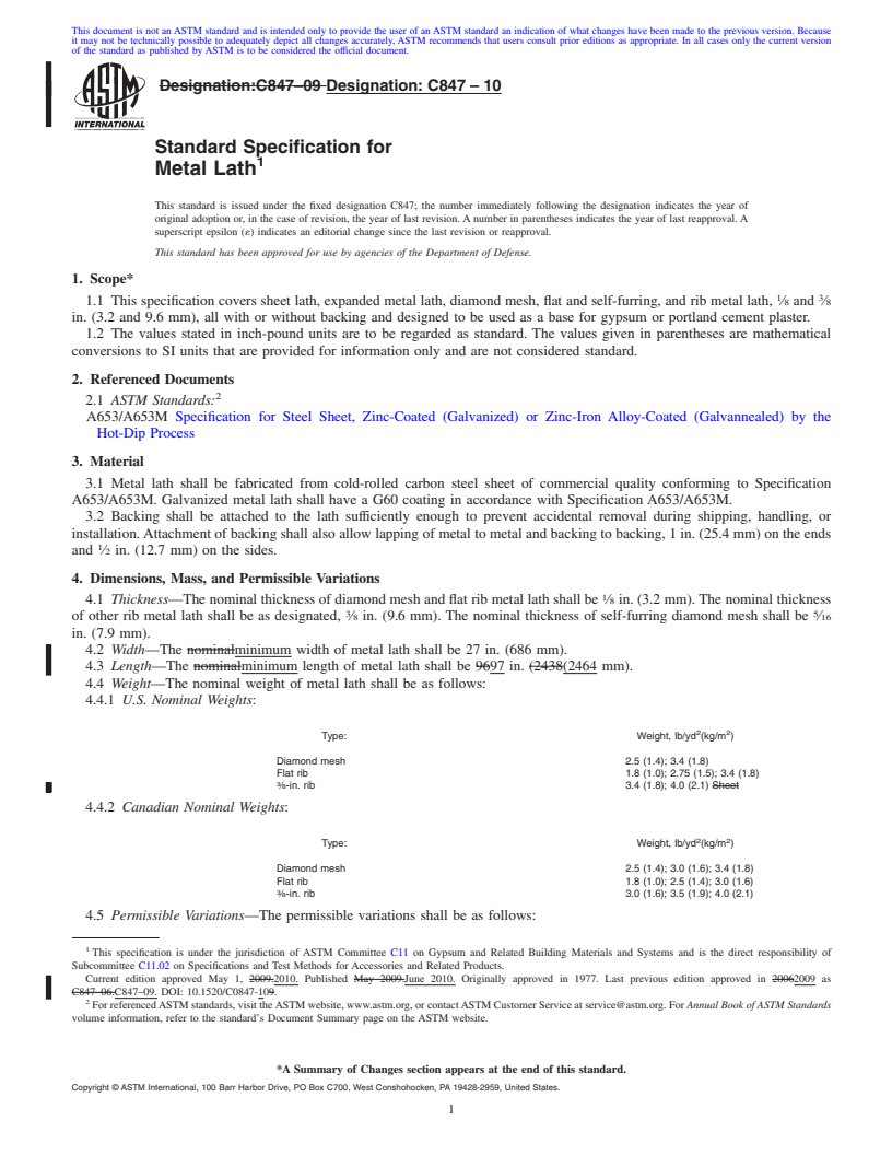 REDLINE ASTM C847-10 - Standard Specification for  Metal Lath