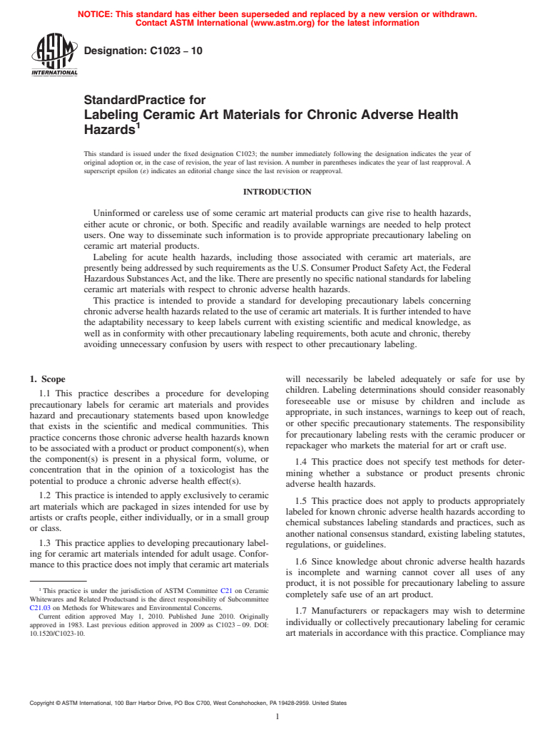 ASTM C1023-10 - Standard Practice for Labeling Ceramic Art Materials for Chronic Adverse Health Hazards