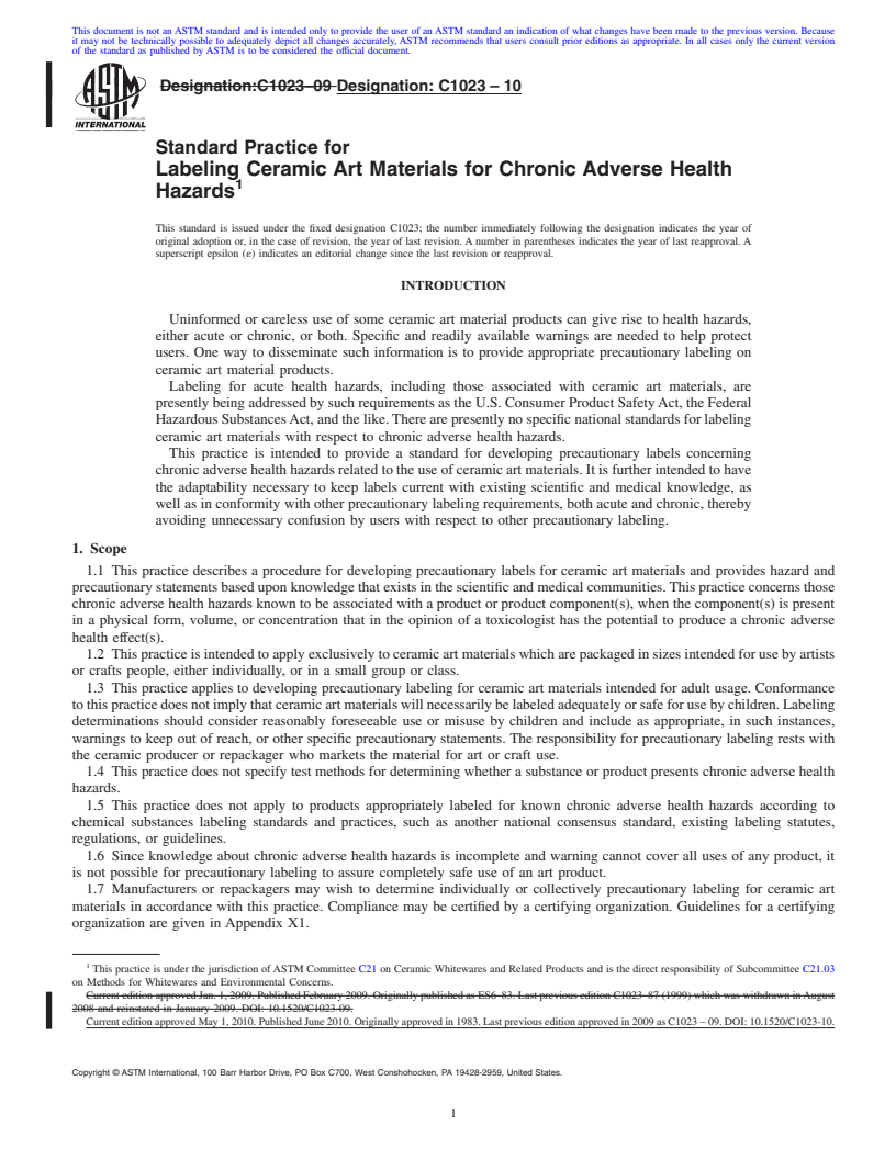 REDLINE ASTM C1023-10 - Standard Practice for Labeling Ceramic Art Materials for Chronic Adverse Health Hazards