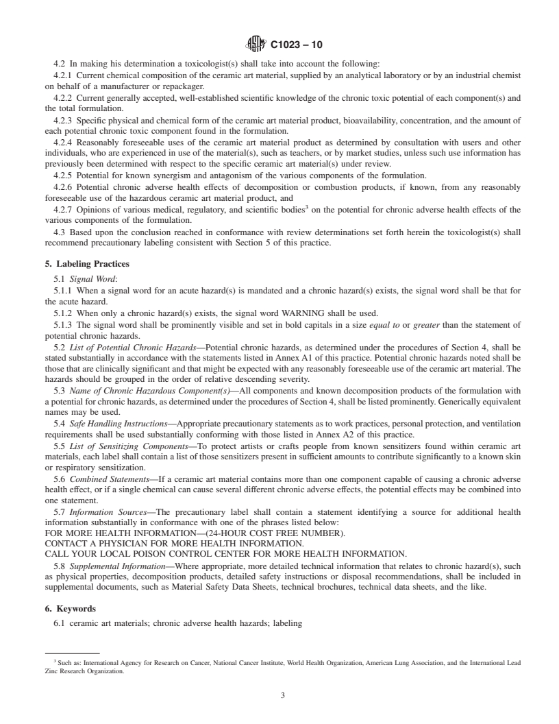 REDLINE ASTM C1023-10 - Standard Practice for Labeling Ceramic Art Materials for Chronic Adverse Health Hazards