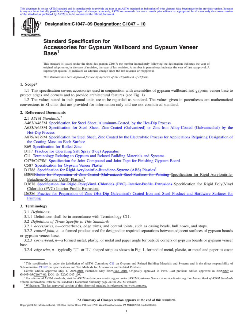 REDLINE ASTM C1047-10 - Standard Specification for Accessories for Gypsum Wallboard and Gypsum Veneer Base