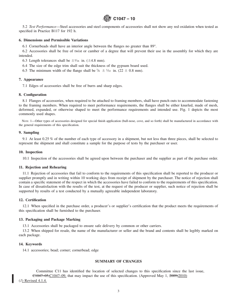 REDLINE ASTM C1047-10 - Standard Specification for Accessories for Gypsum Wallboard and Gypsum Veneer Base