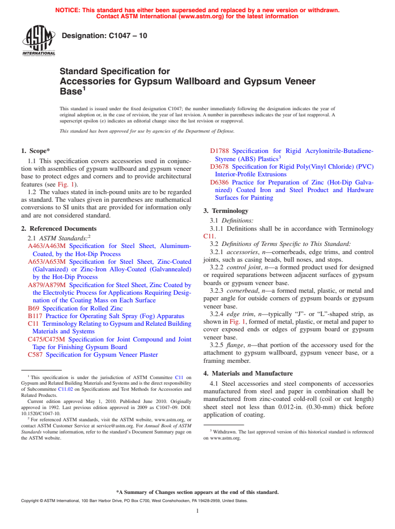 ASTM C1047-10 - Standard Specification for Accessories for Gypsum Wallboard and Gypsum Veneer Base