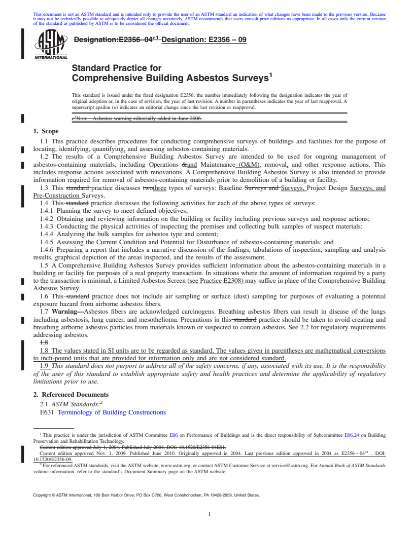 REDLINE ASTM E2356-09 - Standard Practice for Comprehensive Building Asbestos Surveys