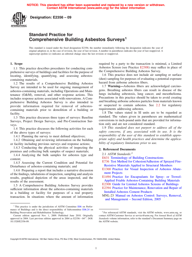 ASTM E2356-09 - Standard Practice for Comprehensive Building Asbestos Surveys