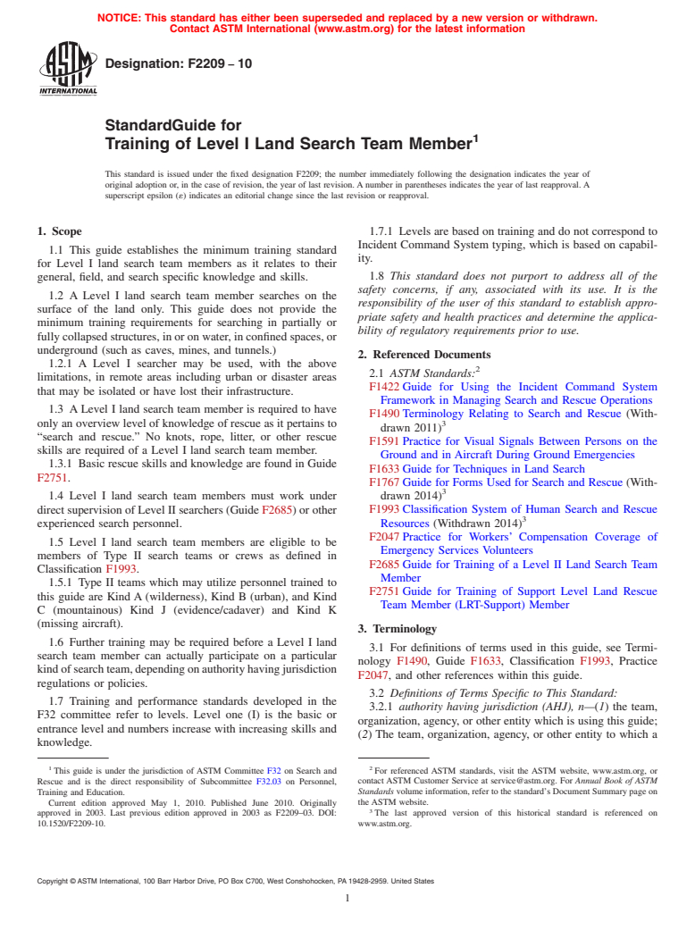 ASTM F2209-10 - Standard Guide for Training of Level I Land Search Team Member