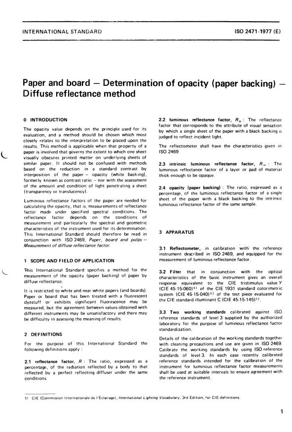 ISO 2471:1977 - Paper and board -- Determination of opacity (paper backing) -- Diffuse reflectance method