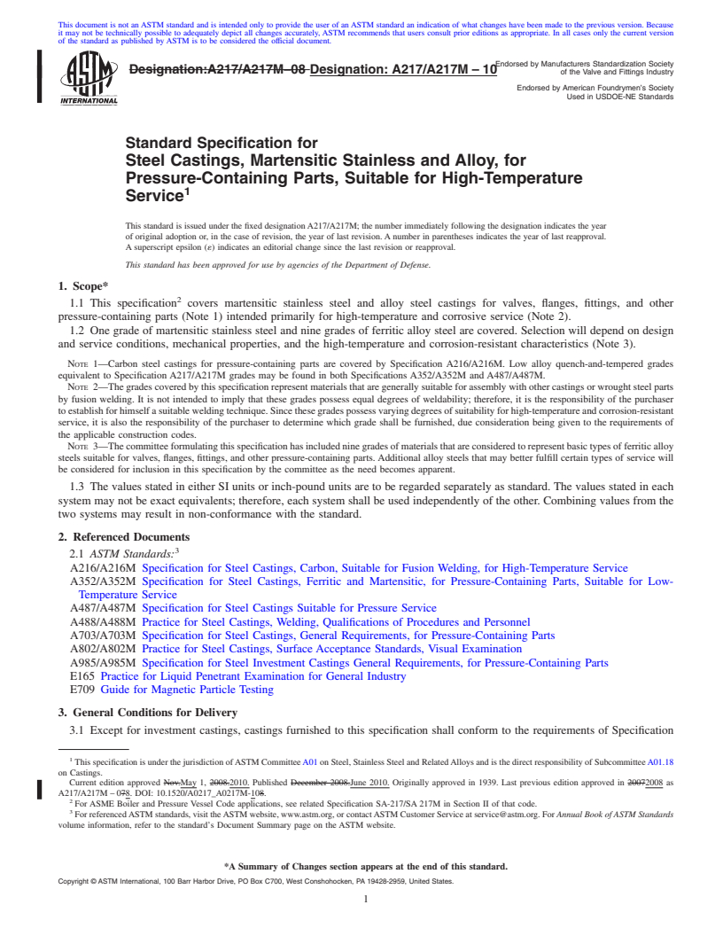 REDLINE ASTM A217/A217M-10 - Standard Specification for Steel Castings, Martensitic Stainless and Alloy, for Pressure-Containing Parts, Suitable for High-Temperature Service