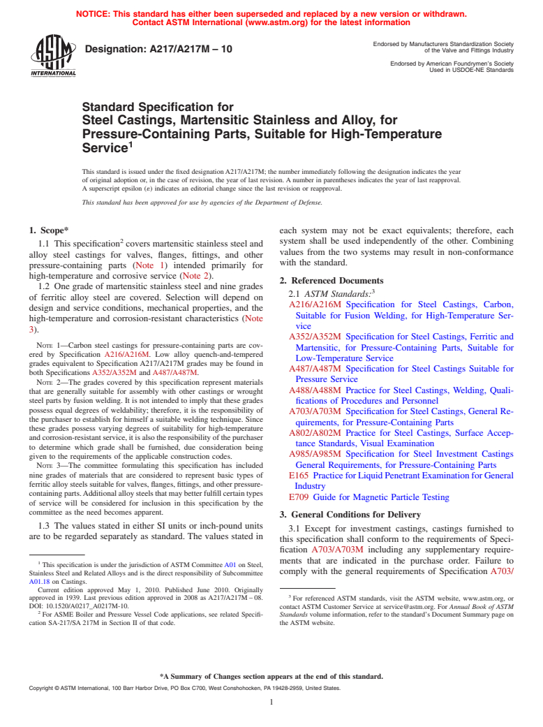 ASTM A217/A217M-10 - Standard Specification for Steel Castings, Martensitic Stainless and Alloy, for Pressure-Containing Parts, Suitable for High-Temperature Service